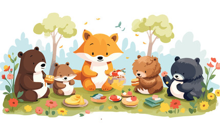 A group of cute animals having a picnic in the park