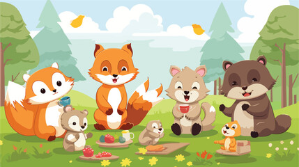 A group of cute animals having a picnic in the park