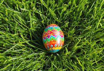 Easter decorated egg on meadow