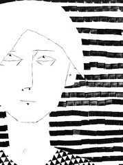 portrait of guy drawn by hand inside linear and triangular black and white pattern on background with black tempera stamps on white paper - 760847311