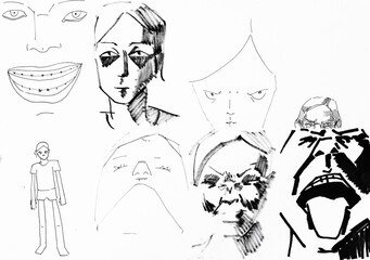 sketches of human faces with different emotions drawn by hand with a black felt-tip pen and ink on white paper - 760847313