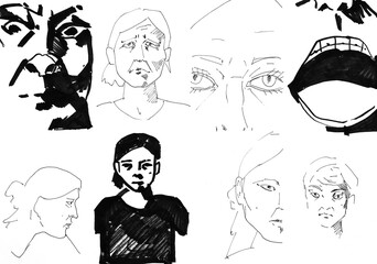 sketches of human faces and heads with various emotions drawn by hand with a black felt-tip pen and ink on white paper - 760847323
