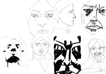 sketches of human faces with different grimaces drawn by hand with a black felt-tip pen and ink on white paper - 760847327