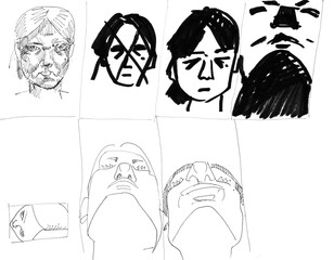 sketches of human heads with different angles drawn by hand with a black felt-tip pen and ink on white paper - 760847342
