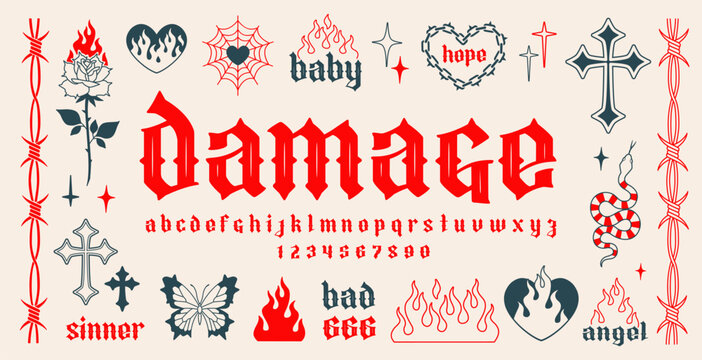 "Damage" Y2k Neo Gothic tattoo art vector font type. Y2k tattoo set of cross, rose, flame, heart chain pattern etc. Aesthetic 2000s gothic Opium style font. Barbed wire and horn chain frame template