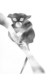 lemur on tree branch drawn by hand with stamp with black tempera paint on white paper - 760847715
