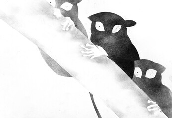 three lemurs on tree trunk drawn by hand with stamp with black tempera paint on white paper - 760847726