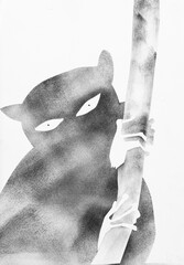 single lemur on bamboo close up drawn by hand with stamp with black tempera paint on white paper - 760847761