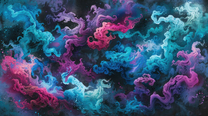 an abstract painting of blue, pink, and purple swirls on a black background with space in the middle. - obrazy, fototapety, plakaty