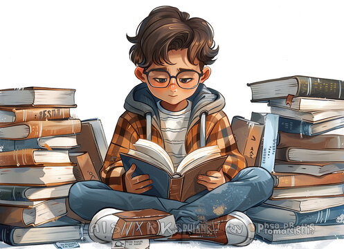 Illustration of a young boy reading a book surrounded by piles of books, depicting love for reading and education.