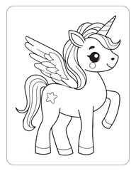 Cute Unicorn vector for kids coloring book pages, unicorn black and white vector