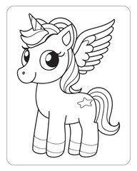 Cute Unicorn vector for kids coloring book pages, unicorn black and white vector