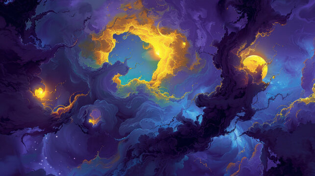 a painting of a blue, yellow, and purple cloud with a yellow light in the center of the picture.