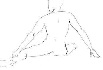 training sketch of male nude model sits on splits with his leg thrown back with her back, hand-drawn in black ink on white paper