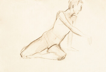 training sketch of male nude model in front sitting on his knee, hand-drawn in sepia pastel on yellow paper - 760848110