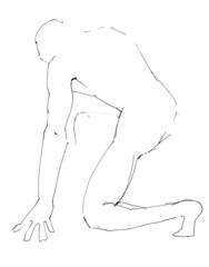 training sketch of male nude model standing on one knee and leaning on his arm, hand-drawn in black ink on white paper