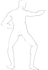 training sketch of male nude model from back in karate pose, hand-drawn in black ink on white paper
