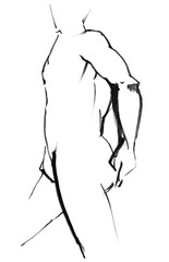 training sketch of standing male nude model from side with his hands behind his back, hand-drawn by black felt-tip pen on white paper