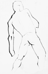 training sketch of male nude model from back leaning back to throw stone, hand-drawn by black felt-tip pen on white paper