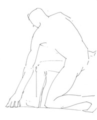 training sketch of male nude model standing on one knee in low start pose, hand-drawn in black ink on white paper - 760848131