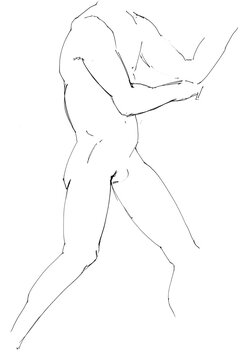 training sketch of male nude model from side in boxer pose, hand-drawn in black ink on white paper