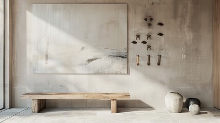 Minimal Entrance Hall with Wooden Bench, Sculptural Hooks, and Abstract Wall Art in Soft Light