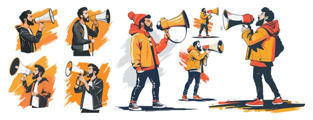 Megaphone man pay attention color ink sketch vector concepts. Collection get ready creative advertising illustrations isolated on white background