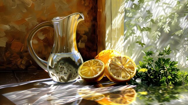a painting of a pitcher of lemons and a slice of orange on a table next to a potted plant.