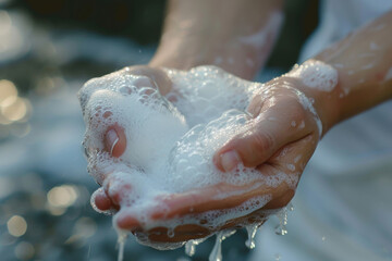 Fototapeta premium Hands being washed with soap, water droplets and foam visible.