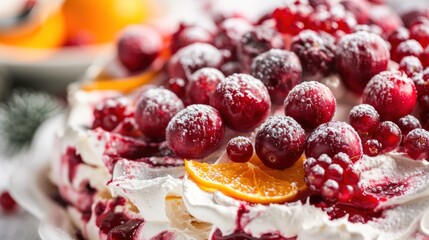 a close up of a cake with icing and cranberry toppings on a plate with orange slices.