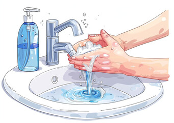 Hand washing with soap under running water, hygiene concept illustration