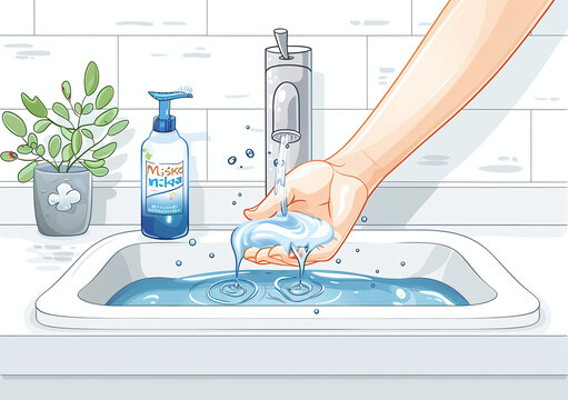 Hand washing with soap under running water in a clean sink, hygiene concept illustration.