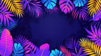 colorful tropical leaves on a dark blue background with a place for the text in the middle of the image is a blue rectangle.