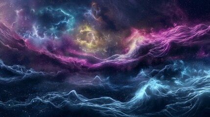 Neon waves pulsing rhythmically beneath the surface of a cosmic ocean.