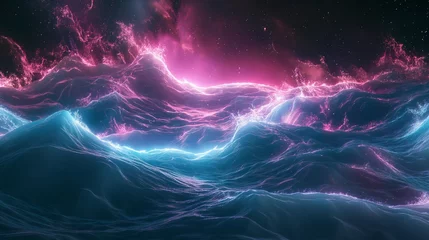 Fotobehang Neon waves pulsing rhythmically beneath the surface of a cosmic ocean. © Its Your,s