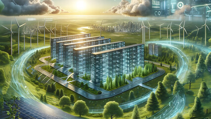 Futuristic data center powered by renewable energy. - obrazy, fototapety, plakaty