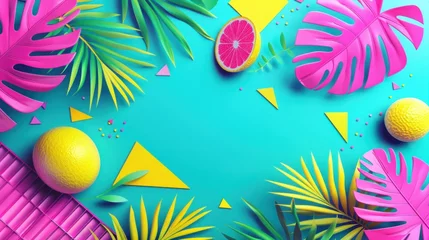 Foto op Canvas a blue background with pink and yellow tropical leaves and a grapefruit on the left side of the image. © Olga