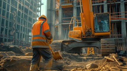 A man is operating a bulldozer at a construction site, shaping the soil for building a house in the city. AIG41