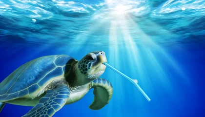 Wandaufkleber Sea Turtle Swimming with Plastic Straw in Ocean © Marinesea