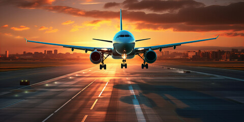 A large aircraft lands on a lighted runway at sunset. Travel concept.