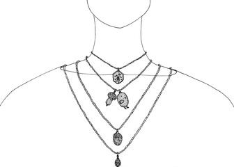 educational sketch drawn by hand in black ink on white paper - different pendants on chains on a woman's neck - 760849765