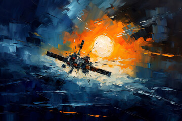 Fantastic spaceship. Oil painting in impressionism style. - obrazy, fototapety, plakaty