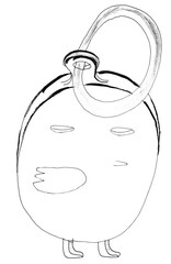 sketch of keychain in shape of egg or chick drawn by hand in black ink and pencil on white paper - 760849781