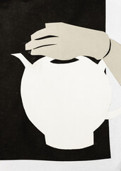 hand-cut and glued paper collage - gloved hand over teapot - 760849793