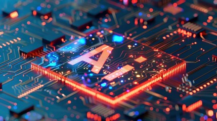 AI Core Nexus - Illuminated pathways on a processor chip symbolize the pulsing heart of artificial intelligence technology