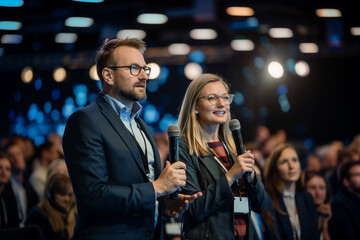 Businesswoman and businessman asking questions during a seminar with audience in the background