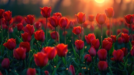 a field full of red tulips with the sun shining through the trees in the distance in the background.