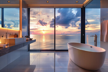 Luxurious apartment bathroom interior with large panoramic sea view window