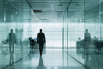 Fototapeta na wymiar Distant businessman walking in modern office building. Space for copy