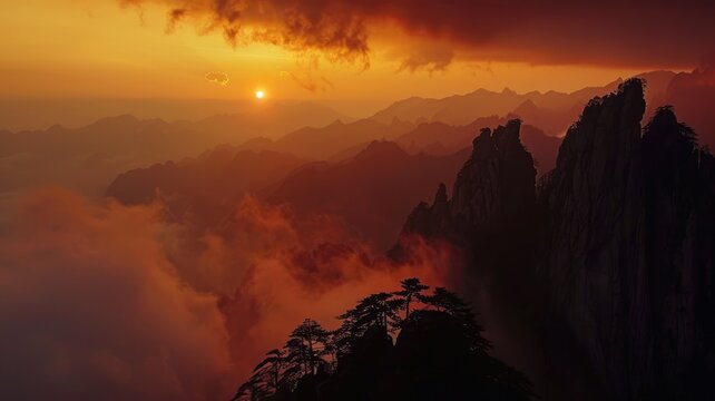 Breathtaking sunset over misty mountains - The image captures a serene sunset view with sun dipping low over the horizon, amidst a sea of clouds wreathing rugged mountain peaks